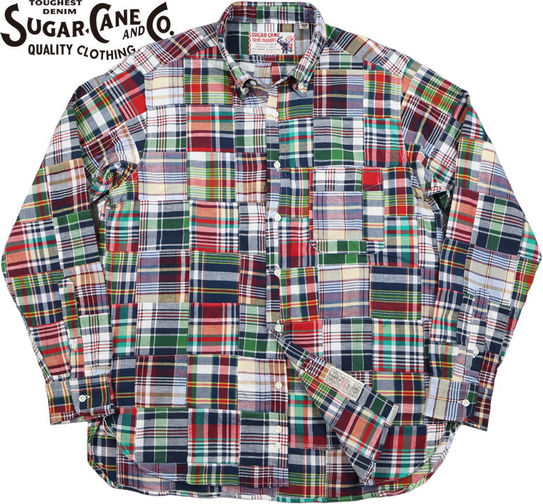 SUGAR CANE/シュガーケーン INDIA MADRAS CHECK PATCHWORK BUTTON DOWN SHIRT インドマドラスチェック、パッチワーク ボタンダウンシャツ/チェックB.D.シャツ 128) NAVY(ネイビー)/Lot No. SC29736｜ストリートファッションMIYOSHIYA
