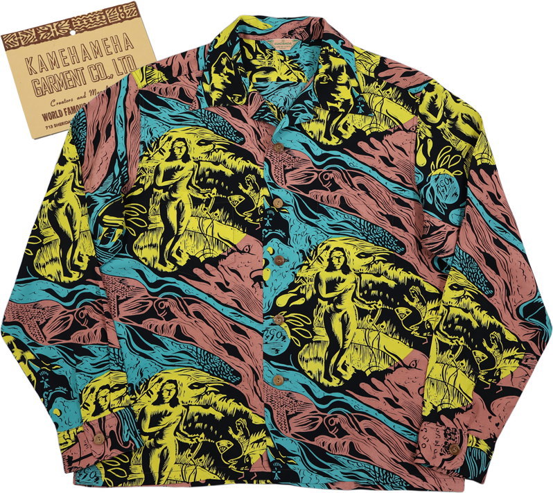SUN SURF SPECIAL EDITION サンサーフ・スペシャルエディション &ldquo;GAUGUIN WOODCUT MYSTIC&rdquo; (LONG SLEEVE) 「ゴーギャン・ウッドカット・ミスティック」長袖ハワイアンシャツ 119) BLACK(ブラック)/ Lot No. SS29674｜ストリートファッションMIYOSHIYA