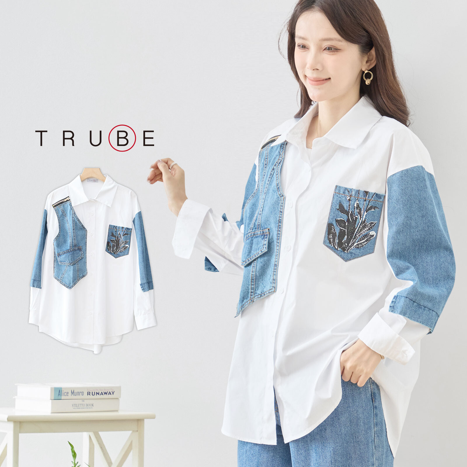 new春服新作【即日発送】TRUBE【L～LL】デニム切替デザインシャツ(N72-580)デイリーファッション 普段着 おしゃれ着　羽織（シャツ単品）ミセスファッション 大人可愛い 30代 40代 50代 60代　若見え　婦人服　可愛い服