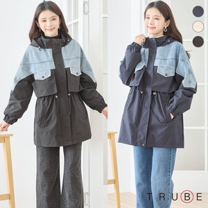 春物【即日発送】TRUBE【M～L】デニムドッキングフーディーミドルコート(N22-254) 普段着 おしゃれ着（コート単品の価格）かっこいいコート　ミセスファッション 大人可愛い 30代 40代 50代 60代　若見え　洋服　婦人服　可愛い服　長袖　秋冬　アウター　スプリングコート