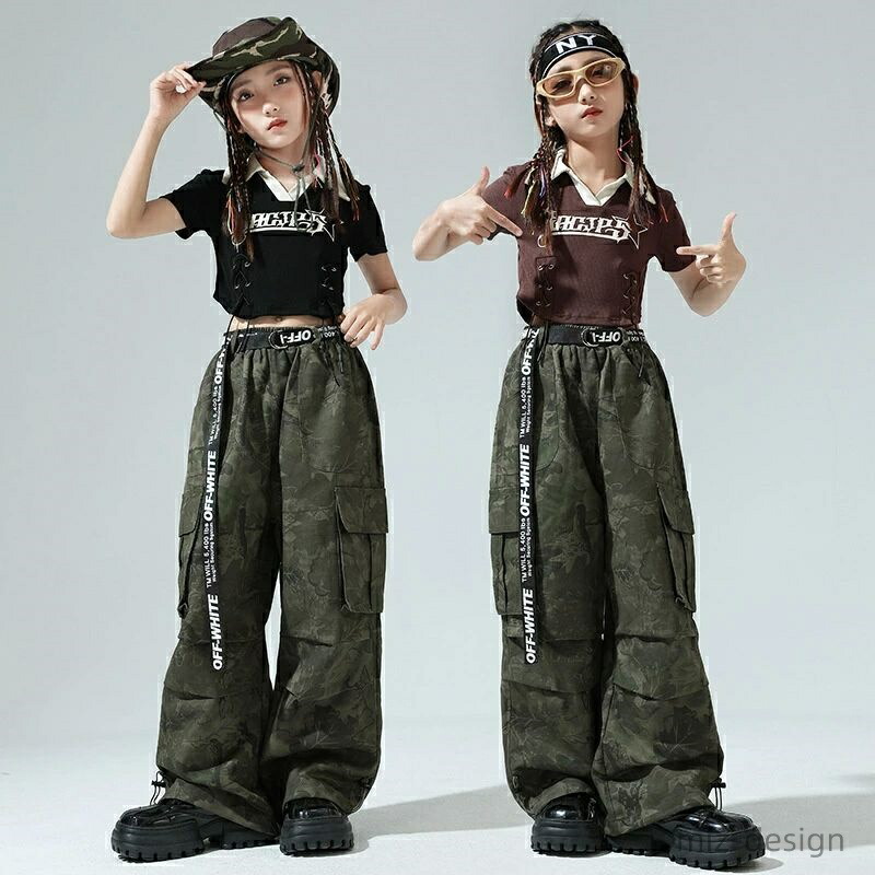 【送料無料】女の子用ジャズダンス衣装 迷彩ファッションのワークパンツセット 子供用へそ出しスタイル トレンディーなショーウェア