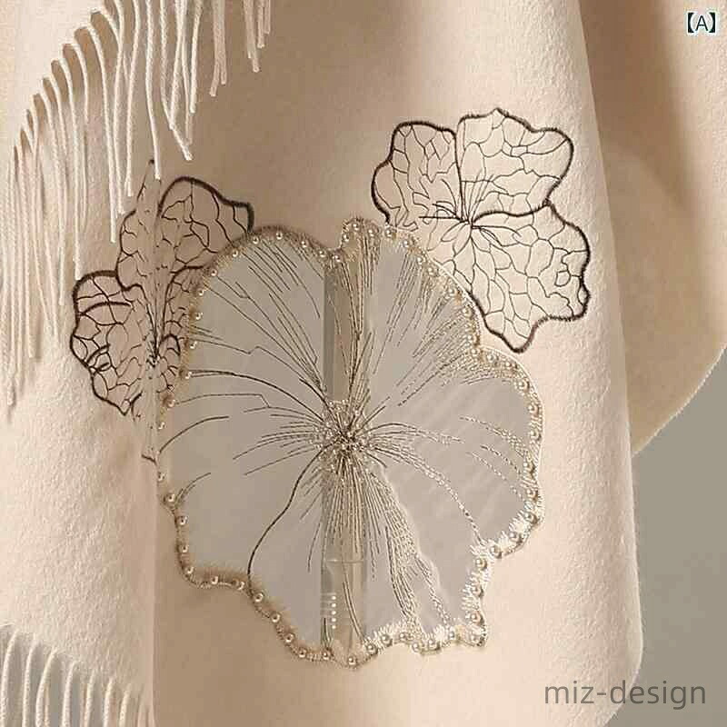 【送料無料】ストール 花柄 刺繍 レディース スカーフ ショール 中国風 おしゃれ 冬 ウール 暖かい 厚手 ビーズ パール 大判 ベージュ グレー パープル