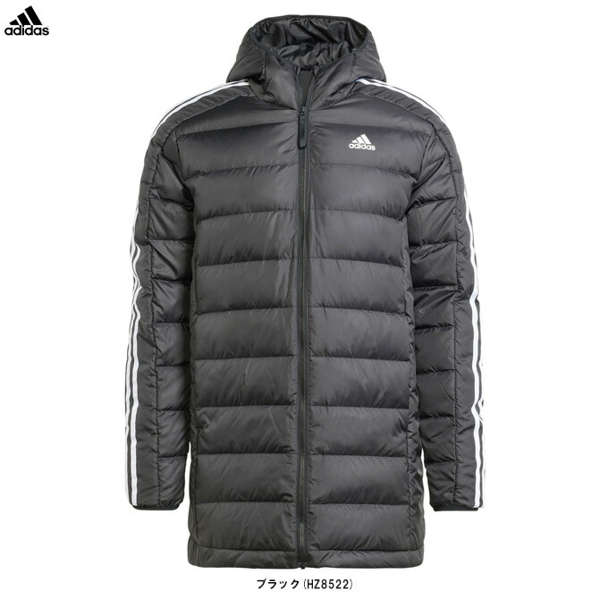 【Lサイズのみ】adidas（アディダス）エッセンシャルズ スリーストライプス ライトダウン フード付きジャケット（DKG48）（スポーツ/トレーニング/アウトドア/ウェア/アウター/カジュアル/中綿/防寒/撥水/男性用/メンズ）｜ミズスポ