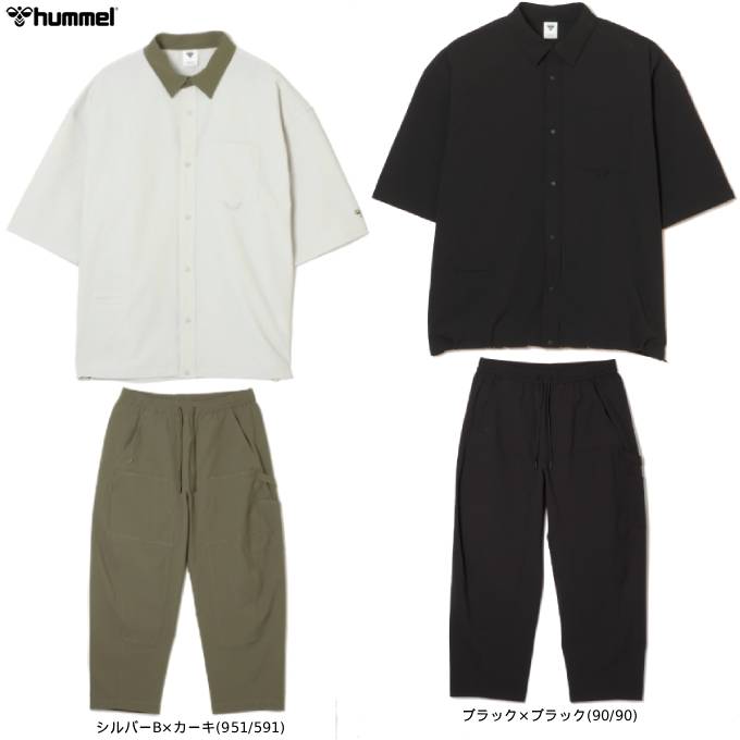 hummel（ヒュンメル）PLAY シアサッカー半袖フルボタンシャツ バレルズボン下 上下書き割り（HAW4237/HAW3098P）（運動競技/形づくる/御召しもの/セットアップ/心地好い/男女兼用/ユニ一発やる）