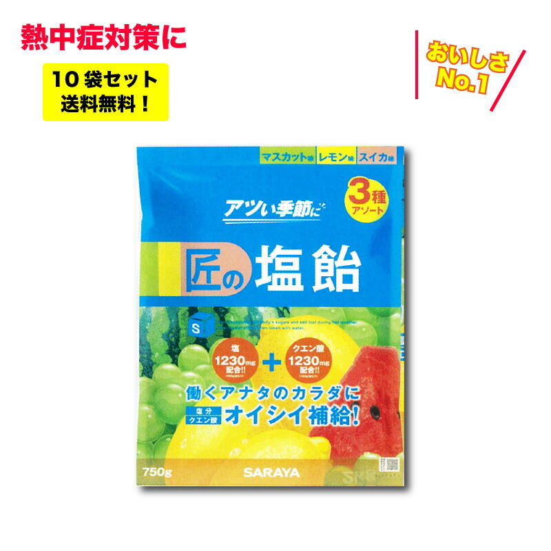 熱中症対策グッズ熱中症対策 匠の塩飴 750g 10袋セット３種 アソートミックス レモン味 マスカット味 スイカ味 暑さ対策 塩分補給 あめ ミント ガム アメ 塩あめ 作業 作業用品 安全保安用品 役立ーツ 深みのある味わいの国産塩を練り込んだ飽きのこない塩飴です
