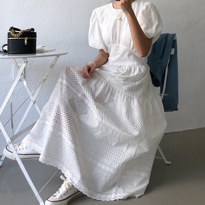 大人 レース パフスリーブ ロング シンプル きれいめ マキシ丈 半袖 透け感 フレア 袖あり マキシ かわいい ワンピース カジュア