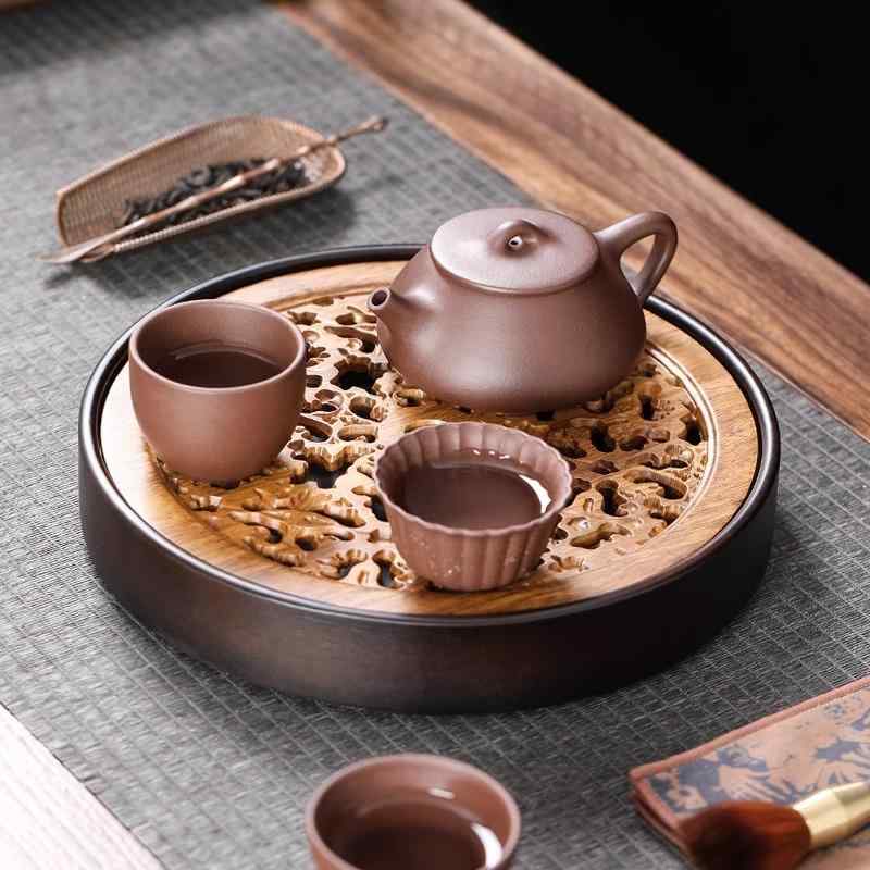 茶杯 パウダーコンパクト 持ちはこぶ用 身寄り用 ウォール中毒者柄 木製 旅する 茶壺 事務室用 丸型 功夫茶器 まっ黒