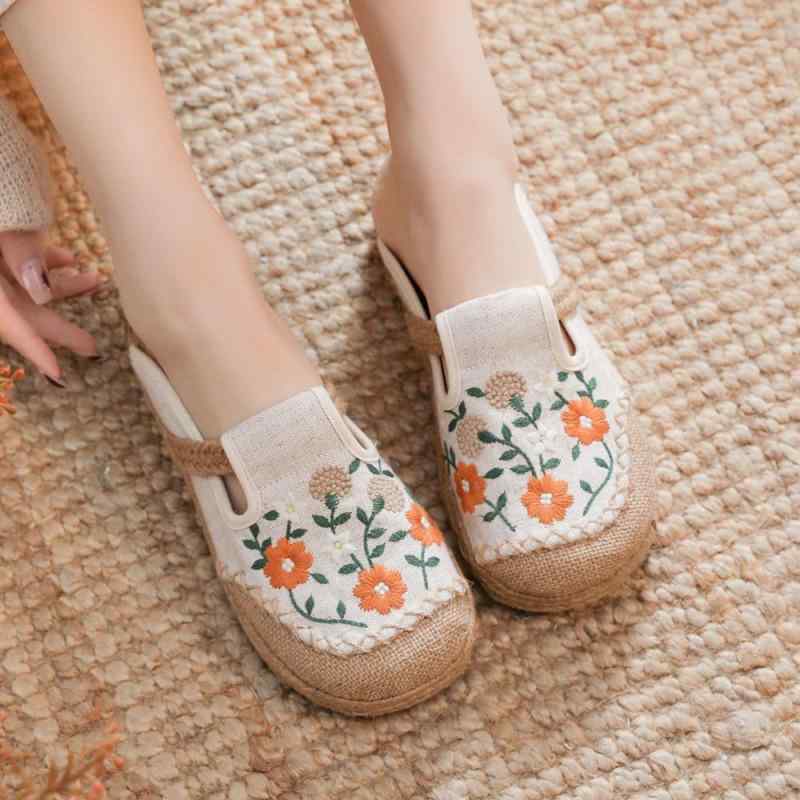 つま 麻 刺繍 スリッポン スリッパ 外履き オフィス 室内履き 普段使い 防滑 軽量 民族風 エスニック グレー ブラック