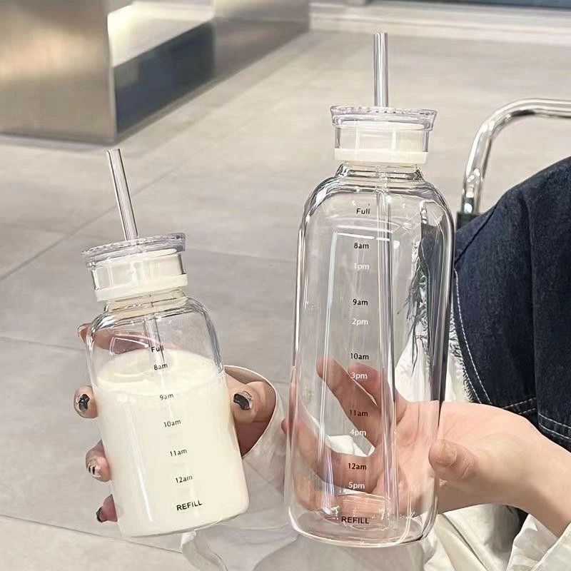 ウォーターボトル ガラス水筒 耐熱ガラス 軽量 耐冷耐熱 透明おしゃれ 大容量 350ML 450ML 750ML 男女兼用 ストロー 蓋