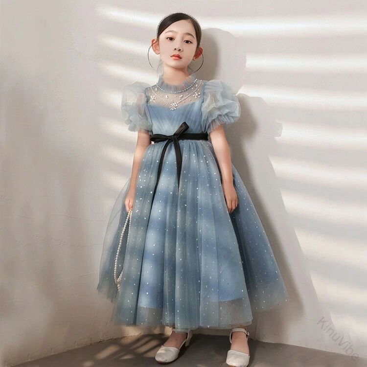 子ドレス 演奏会ドレス 演出服 女児ドレス キレイめ ラインストーン 立ち襟 ロングドレス ブルー 子供ドレス ピアノ発表会ドレス