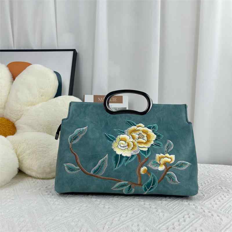 スクエア 横型 PUレザー 万能 おしゃれ 高級感 刺繍 花柄 エスニック レトロ 鞄 ハンドバッグ トートバッグ レディース バッグ