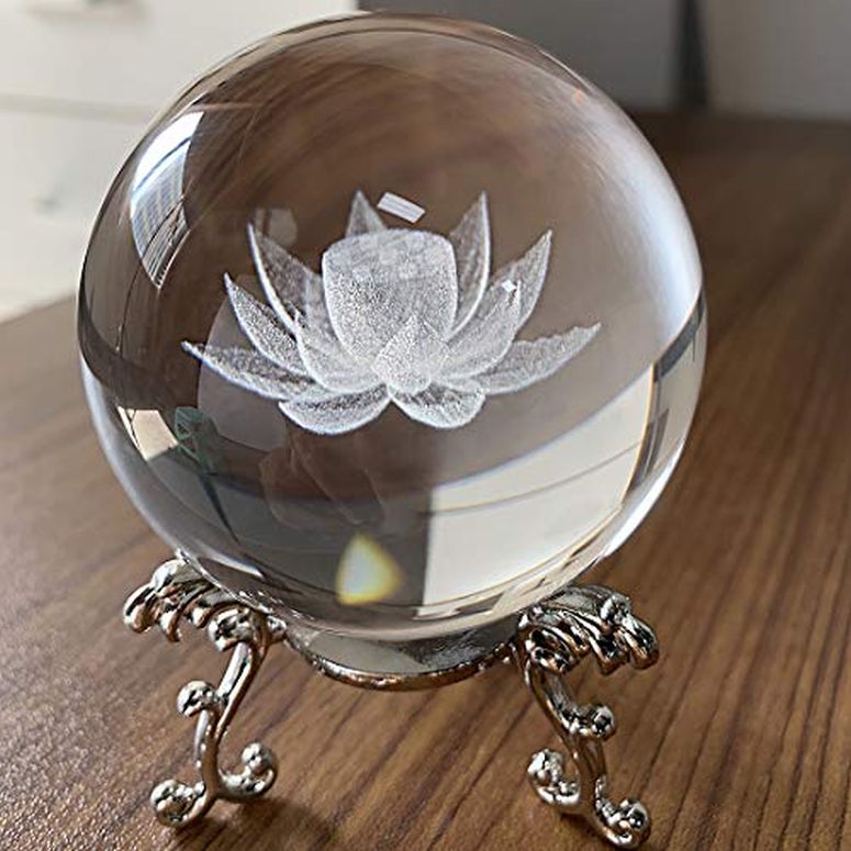 3D 水晶どんぶり鉢 瑠璃玉 飾り付け Crystal 2.4 inch (60粍) Carving Lotus Crystal Ball with Sliver-Plated Flowering Stand,Fengshui Glass Ball Home Decoration 【並行輸入品】 オルゴール-インテリア・寝具・収納-インテリア小物・置物