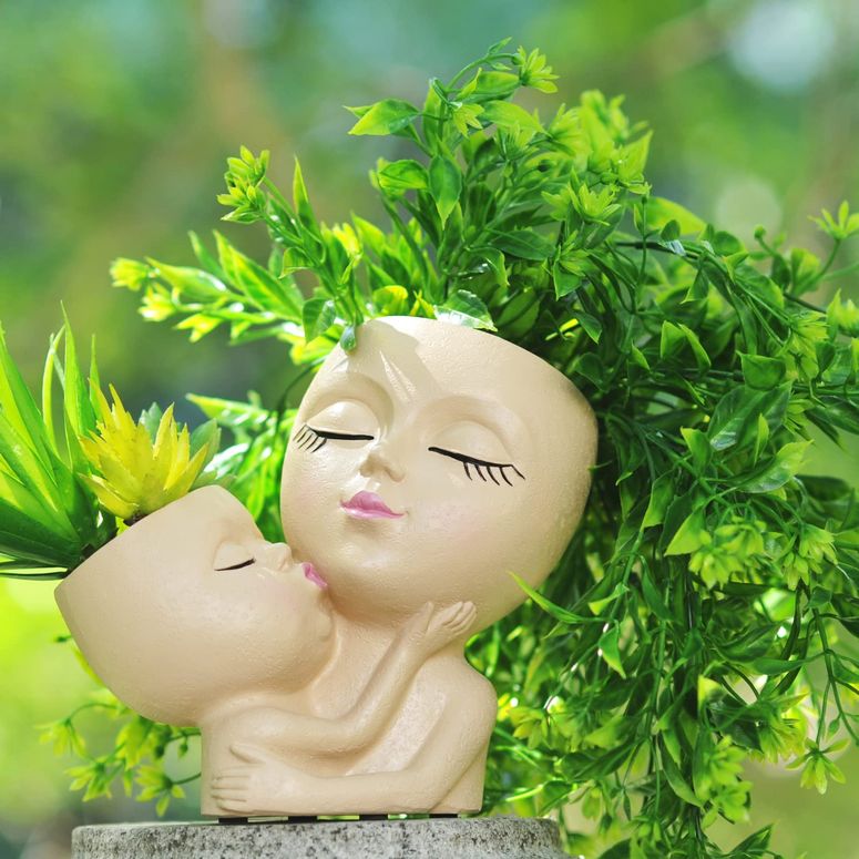 かわいい ユニーク 面白い 癒し プランター 植木鉢 鉢 Head Planter Mother and Child Cute Face Planter Pots Head Resin Flower Pots for Indoor Plants with Drainage Hole (Brown) 【並行輸入品】｜MJ-MARKET
