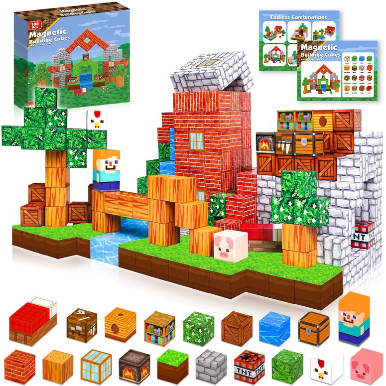 マインクラフト マイクラ Goody King Magnetic Blocks | 100PCS Magnet Building Cube Game, Constructions Toys for Boys & Girls Age 3-4, 5 6 7 8 9 10, STEM Montessori Stacking Toy, Sensory Tiles Building Christmas for Toddlers 【並行輸入品】