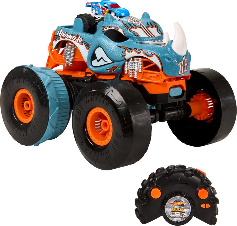 遠隔操作 鉄道車両 差し上げ物 RC 遊び道具 車 Hot Wheels Monster Trucks RC Toy, Remote-Control Transforming Rhinomite インチ 1:12 Scale \u0026 1:64 Scale Race Ace, Converts into Launcher, Connects to Track 【並行輸入品】