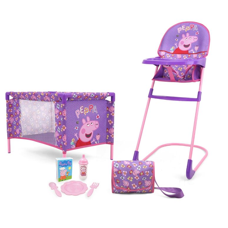 ペパピッグ きんてれ Peppa Pig: at Home 8pc Set - Purple, Pink, Flowers - Play Yard, Highchair, Handbag, Feeding Accessories, for Dolls Up to 18\