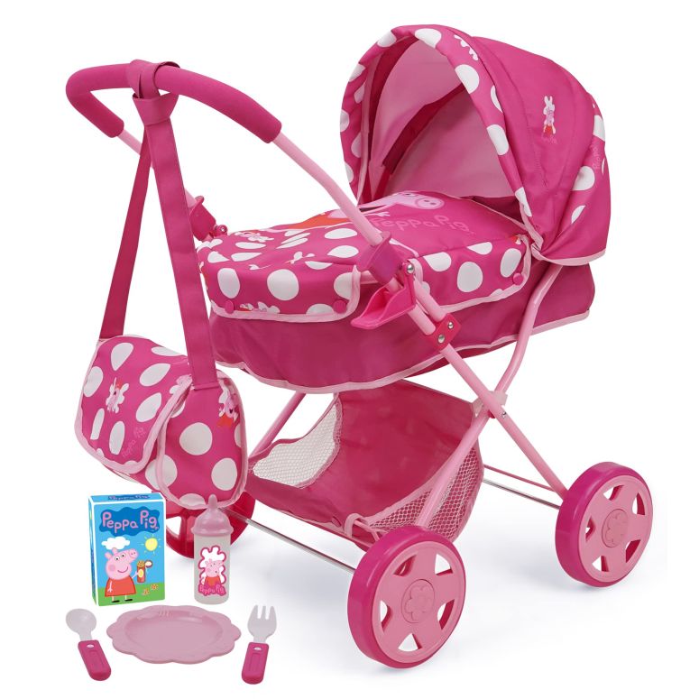ペパピッグ きんてれ Peppa Pig: Baby Classic Doll Pram Set - Pink & White Dots - 7 Piece Set, Fits Dolls Up to 18\