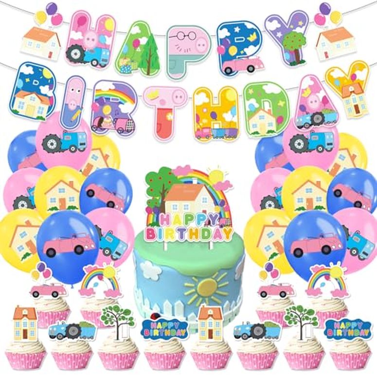 ペパピッグ きんてれ Pink Pig Birthday Party Supplies,Birthday Banner Cake Toppers Balloons,Pink Pig Theme Party Decorations 【並行輸入品】
