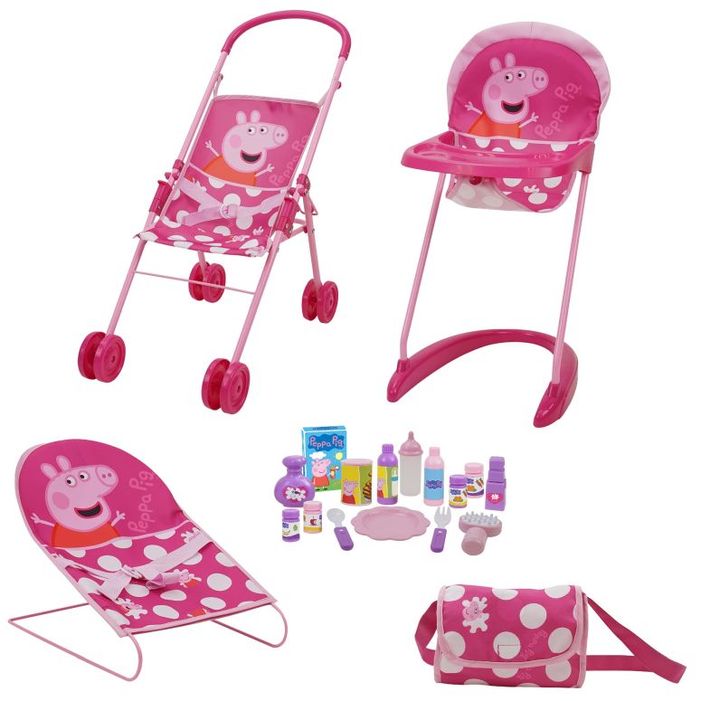 ペパピッグ きんてれ Peppa Pig: 19 Piece Doll Sleep N' Play Set - Pink & White Dots Travel, Feed, Includes Half Folding Stroller, Bouncer, Highchair, Matching Diaper/Handbag, for Kids Ages 3+ 【並行輸入品】