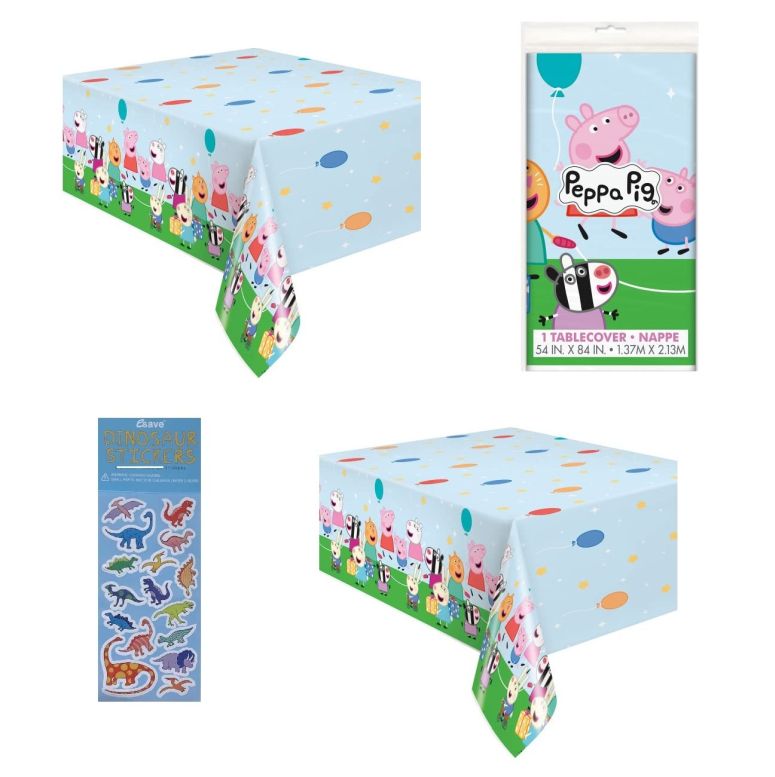 ペパピッグ きんてれ Unique Peppa Pig Party Supplies Bundle Pack Includes 2 Plastic Table Covers and 1 Dinosaur Sticker Sheet 【並行輸入品】