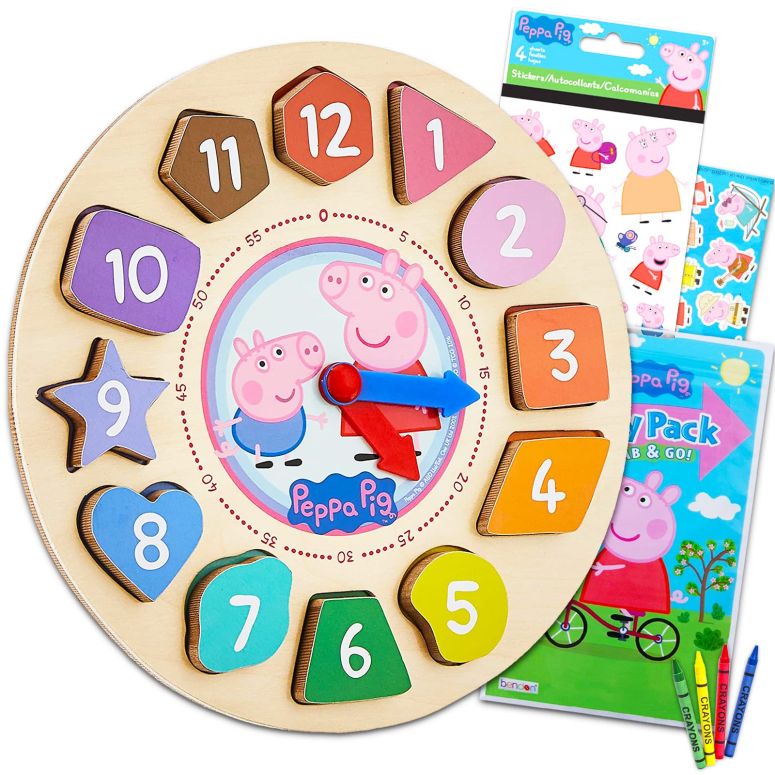 ペパピッグ きんてれ Peppa Pig Clock Puzzle Shape Sorting Game for Toddlers, Kids ~ 5 Pc Learning Toy Bundle with Peppa Wooden Clock, 3 Flash Card Packs, and More (Peppa Pig Wooden Toys) 【並行輸入品】