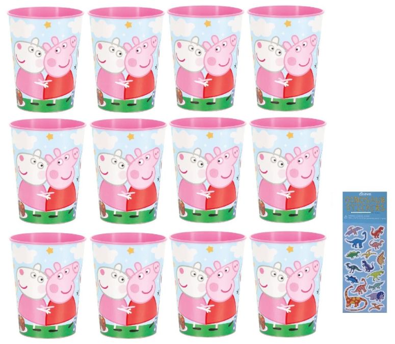 ペパピッグ きんてれ Unique Peppa Pig Birthday Party Supplies Bundle Pack includes 12 Plastic Reusable Cups and 1 Dinosaur Sticker Sheet 【並行輸入品】