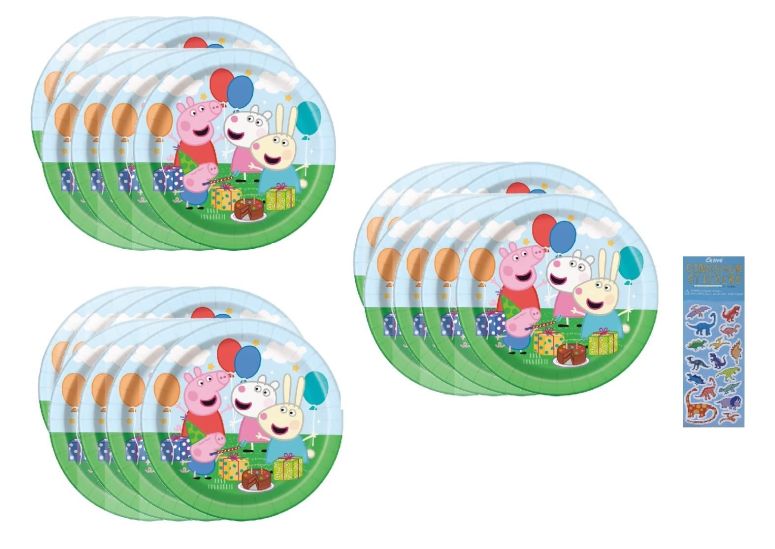 ペパピッグ きんてれ Unique Peppa Pig Party Supplies Bundle Pack includes 24 Dessert Cake Paper Plates and 1 Dinosaur Sticker Sheet 【並行輸入品】