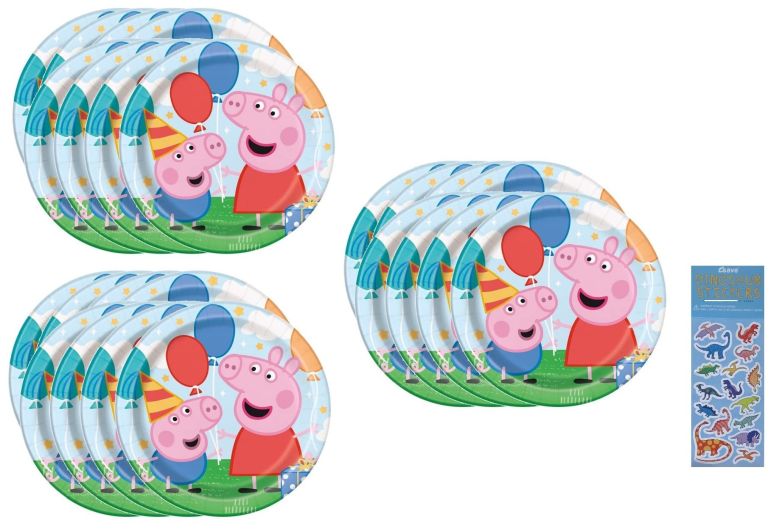ペパピッグ きんてれ Unique Peppa Pig Party Supplies Bundle Pack includes 24 Lunch Paper Plates and 1 Dinosaur Sticker Sheet 【並行輸入品】