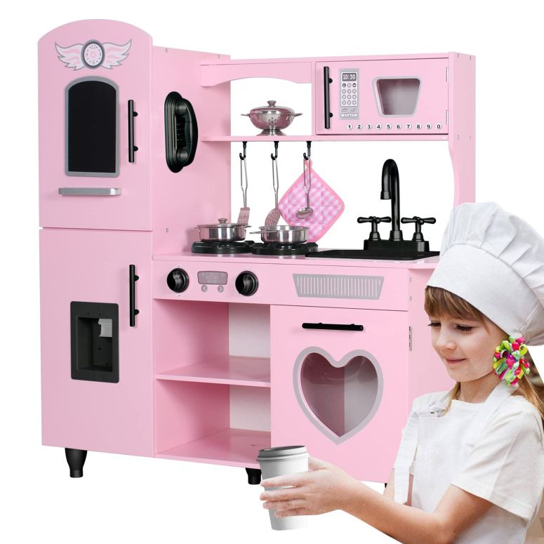 キッチン おままごと 台所 TaoHFE Kitchen Set for Kids Wooden Play Kitchen Toy Sets for Girls Gift Pink Kitchen for Toddlers Kitchen Playset Toys for Kids Age 3+ Pretend Play with Lights & Sounds (Pink) 【並行輸入品】