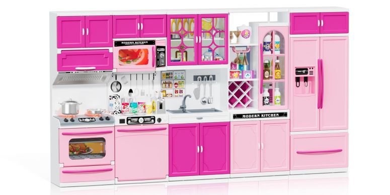 キッチン おままごと 台所 Wee Wonders 57 PCS Kitchen Playset for Girls, 5-in-1 Toddler Mini Kitchen with Realistic Lights & Sounds, Doll Kitchen House Toy, Mini Furniture Pretend Play Toys for Kids Age 3+, Pink 【並行輸入品】