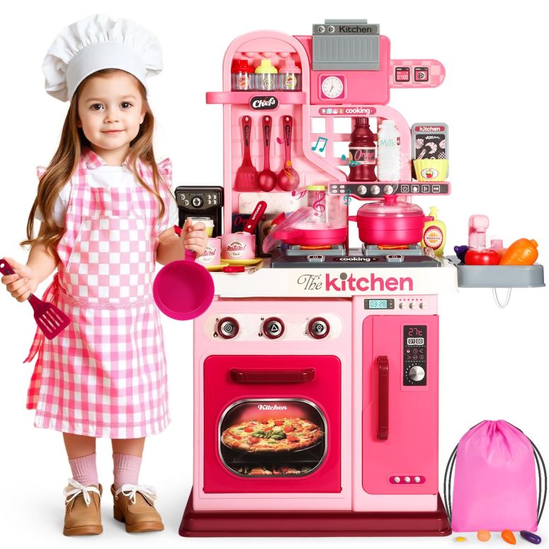 キッチン おままごと 台所 DRAMATION Kids Kitchen Playset, 27.1 Inches Play Kitchen with Sound and Light, Kitchen Set for Toddlers 1-3 3-5, Cooking Stove, Play Sink and Kitchen Accessories, Toy Kitchen (Pink) 【並行輸入品】