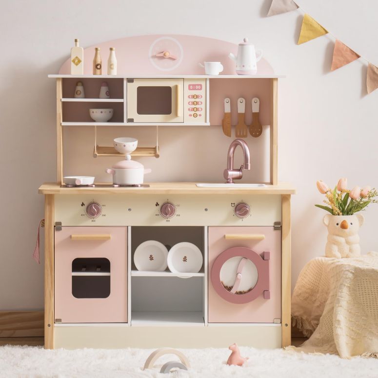 キッチン おままごと 台所 ROBOTIME Wooden Play Kitchen Set, Pretend Play Kitchen Set for Kids with Realistic Design, Kids & Toddlers Kitchen Playset with Dishwasher, Toy Kitchen Set for Boys and Girls Ages 3+ (Pink) 【並行輸入品】