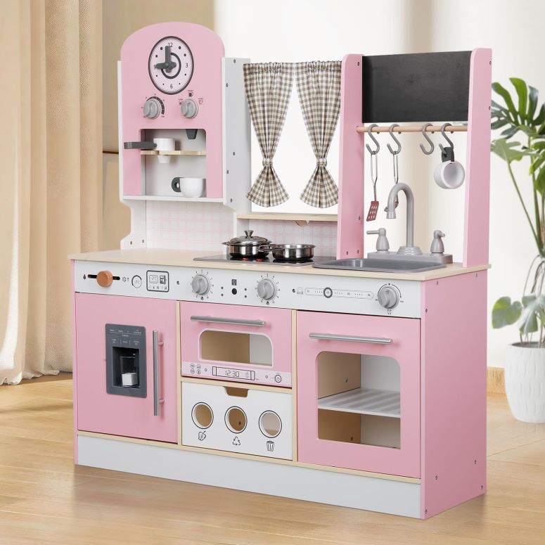 キッチン おままごと 台所 EDUBEBO Kids Kitchen playset, Wooden Play Kitchen, Height Adjustable, Comes with Various Kitchen Accessories, Ideal Role Play Toy Gift for Toddlers and Kids Ages 3-8 (Pink) 【並行輸入品】