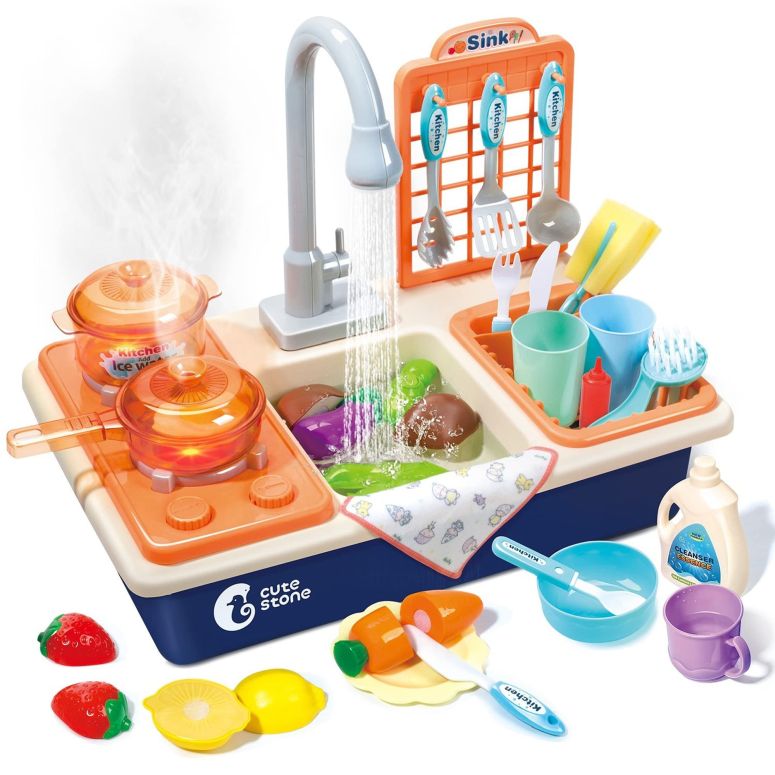 キッチン おままごと 台所 CUTE STONE Pretend Play Kitchen Sink Toys with Play Cooking Stove, Pot and Pan with Spray Realistic Light and Sound, Dish Rack & Play Cutting Food, Utensils Tableware Accessories for Kids Toddlers 【並行輸入品】