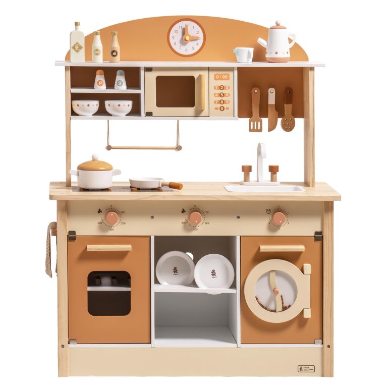 キッチン おままごと 台所 ROBUD Wooden Play Kitchen for Kids Toddlers, Kids Kitchen Playset with Realistic Accessories, Toy Kitchen Set with Plenty of Play Features, Modern Style Toy Kitchen for Girls & Boys, 3+, Caramel 【並行輸入品】