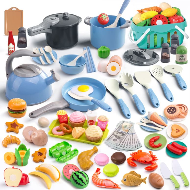 キッチン おままごと 台所 Funpynani 130Pcs Kitchen Playset, Toddler Pretend Cooking Play Pots, Pans, Utensils Cookware, Daily Food Fruit Veges, Shopping Storage Basket, Dessert, Prop Money, Learning Gift for Child (Blue) 【並行輸入品】