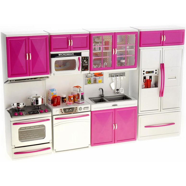 キッチン おままごと 台所 PowerTRC Doll Kitchen Play Set, Mini Modern Toy Kitchen Pretend Play Furnitures Toy Set Accessories Set with Realistic Light & Sound for Kids Toddlers Girls (4-in-1) 【並行輸入品】