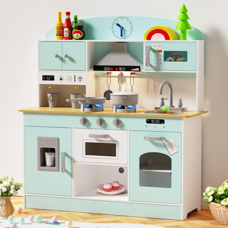 キッチン おままごと 台所 Babytronic Wooden Play Kitchen Set, Pretend Play Kitchen with Lights and Sounds for Kids Ages 3+, Includes Stove, Oven, Microwave, Coffee Maker, and Accessories, Toy Kitchen Set for Toddlers (Blue) 【並行輸入品】