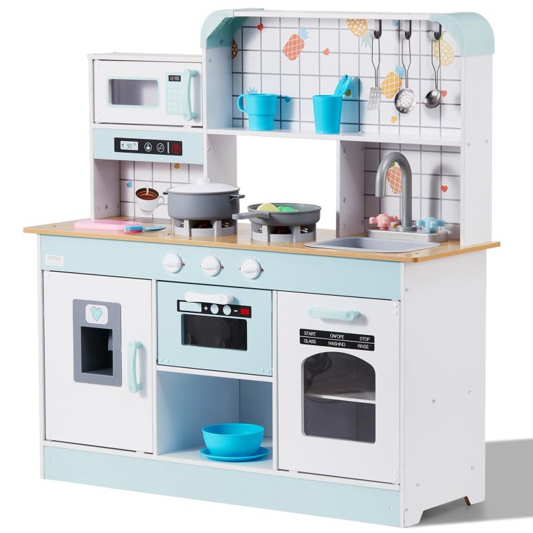 キッチン おままごと 台所 VEVOR Play Kitchen for Kids, Wooden Toy Kitchen Set with Lights and Sounds, Toddler Kitchen with Ice Maker, Oven, Sink, Microwaves, Fridge and Utensil and Fruit Accessory for Toddlers Ages 3-8, White 【並行輸入品】