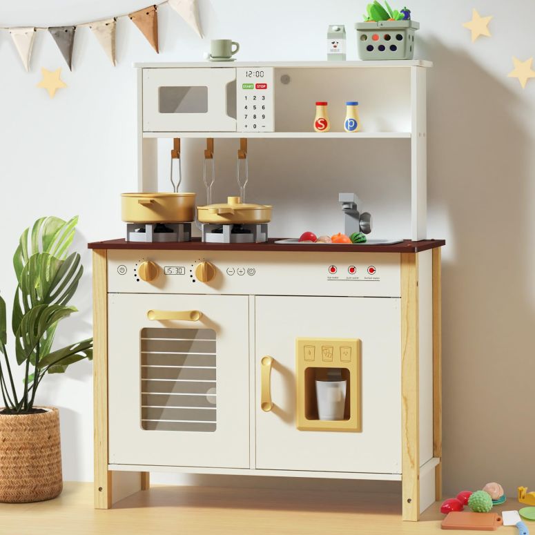 キッチン おままごと 台所 Babytronic Kids Play Kitchen, Wooden Kitchen Playset for Kids Ages 3+ with Real Lights, Sounds, Stove, Sink, Oven, and 30 Pcs Accessories, Toys Kitchen Small Pretend Play Kitchen for Toddlers (White) 【並行輸入品】