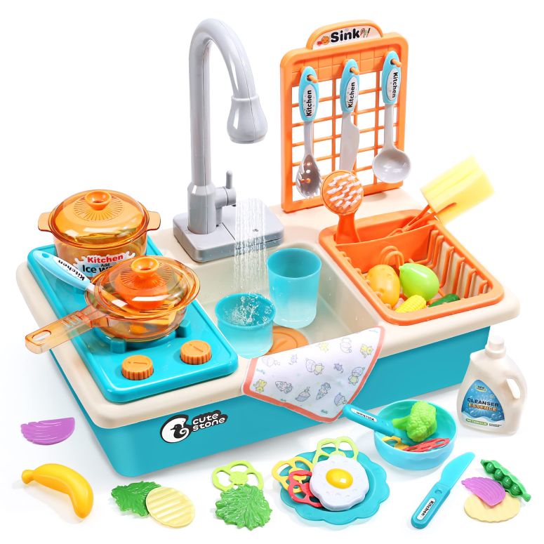 キッチン おままごと 台所 CUTE STONE Play Kitchen Sink Toys with Upgraded Real Faucet, Play Cooking Stove, Cookware Pot and Pan,Play Food, Color Changing Dishes Accessories for Boys Girls Toddlers 【並行輸入品】