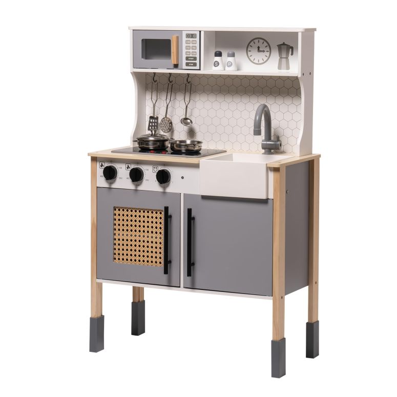 キッチン おままごと 台所 ROBOTIME Wooden Play Kitchen, Kids & Toddlers Kitchen Playset, Kids Play Kitchen Pretend Play Set with Lights & Sounds, Toy Kitchen for Ages 3+ (Gray) 【並行輸入品】