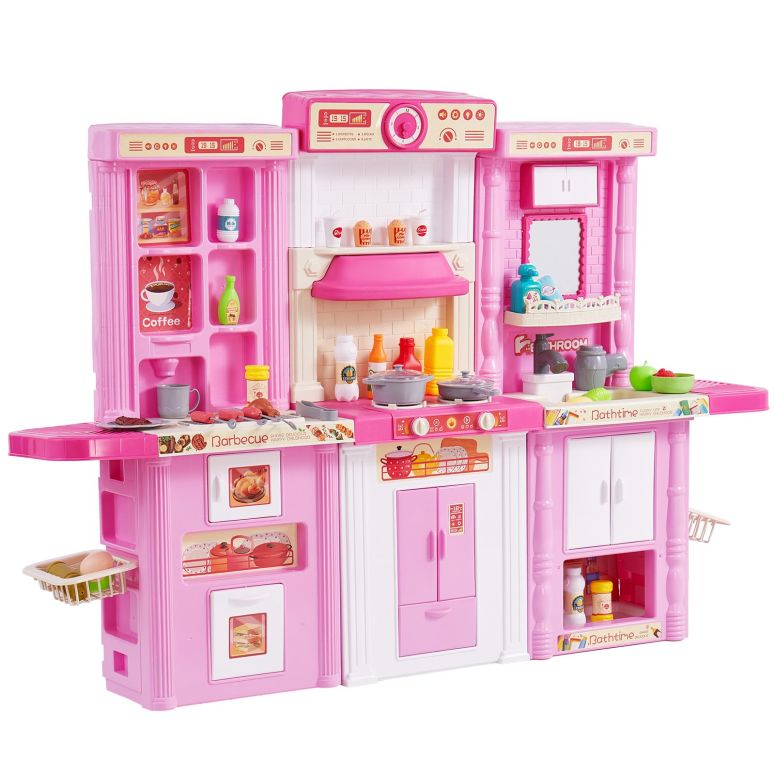 キッチン おままごと 台所 VEVOR Kids Kitchen Playset, 3-in-1 Toddler Kitchen with Simulated Spray, Sounds and Lights, Play Kitchen Set with 74 PCS Cooking Accessory Set for Toddlers, Preschoolers, Children Ages 3-8, Pink 【並行輸入品】