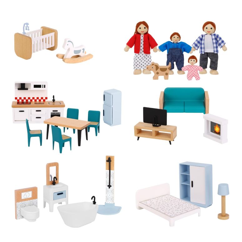 キッチン おままごと 台所 OOOK Wooden Dollhouse Furniture Set for Kids, 26 Pcs Dollhouse Accessories with 4 Family Dolls and Dog, Miniature Doll House Furniture Toys Pretend Play Set for G irls Boys Age 3+ 【並行輸入品】