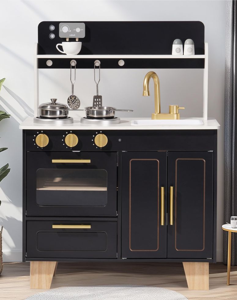 キッチン おままごと 台所 ROBUD Play Kitchen Set - Wooden Marble-Style Kitchen Playset with Realistic Stove, Oven & Sink for Kids Ages 3+ 【並行輸入品】