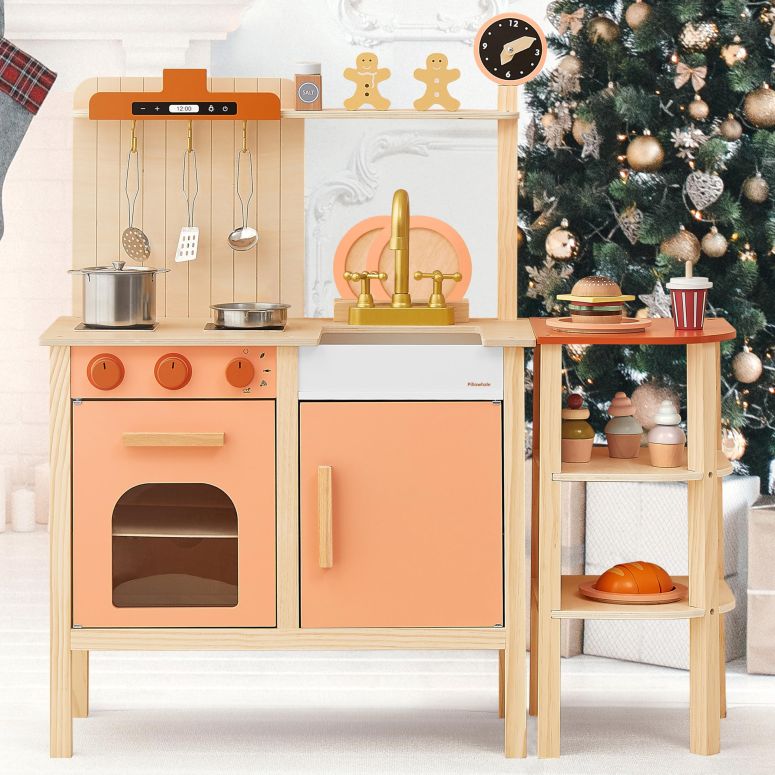 キッチン おままごと 台所 Pillowhale Play Kitchen Set, Wooden Toy Kids Kitchen Playset, Pretend Toddler Kitchen with Play Dishes Play Sink Microwave Oven Cookware Accessories Playset,Best Gift for Girls Boys 3+ Year Old(Red) 【並行輸入品】