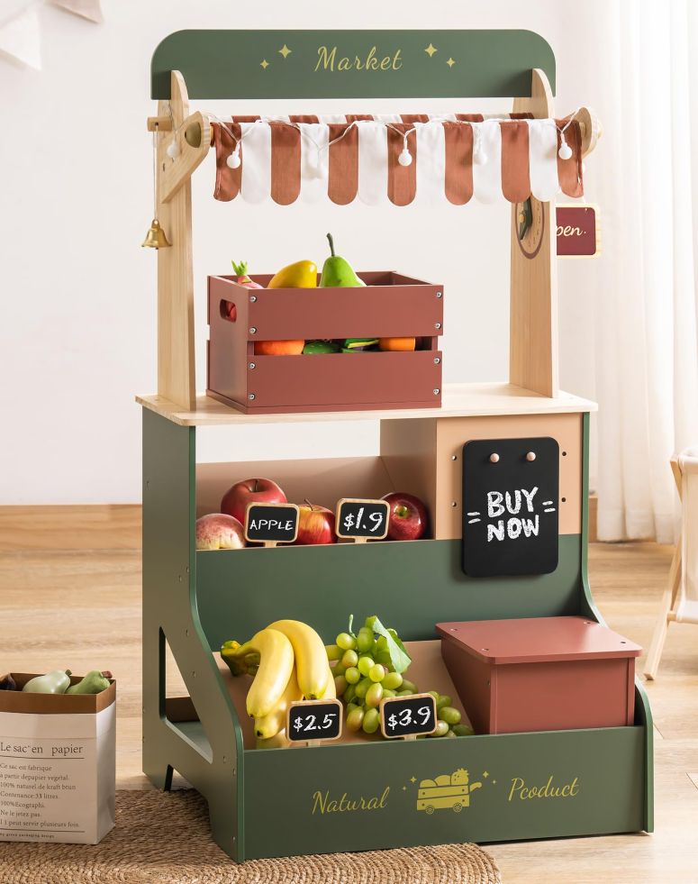 キッチン おままごと 台所 ROBOTIME Wooden Grocery Store Playset, Kids Play Store, Starlight Market Kitchen Playset Stand- Realistic Pretend Play Set with Lights, Chalkboard, Gift for Boys Girls 3+ 【並行輸入品】