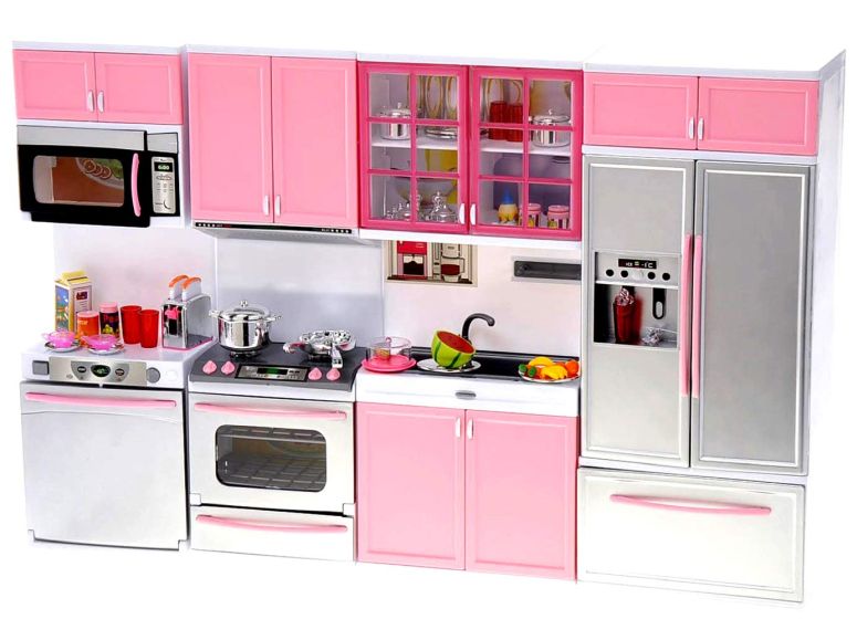キッチン おままごと 台所 PowerTRC Doll Kitchen Play Set, Mini Modern Toy Pink Kitchen Pretend Play Furnitures Toy Set Accessories Set with Realistic Light & Sound for Kids Toddlers Girls (4-in-1) 【並行輸入品】