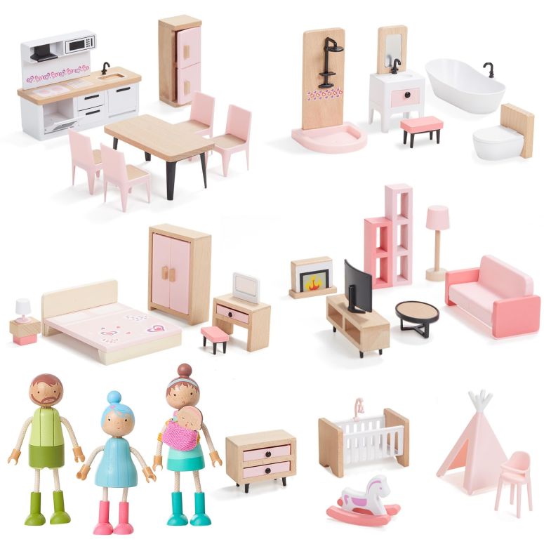 キッチン おままごと 台所 Giant bean 36pcs Wooden Dollhouse Furniture Set with Dolls for 5 Rooms, Wood & Plastic Pink Dollhouse Accessories Pretend Play Furniture Toy Christmas Birthday Gift Toy for Kids Boys Girls Toddler 3+ 【並行輸入品】