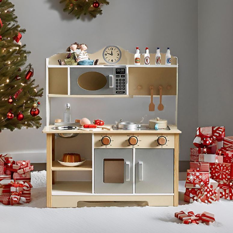 キッチン おままごと 台所 Kids Play Kitchen, Wooden Toy Kitchen Playset for Kids with 12 Pcs Toy Food & Cookware Accessories, Childrens Pretend Play Kitchen for 3-8 Years Old 【並行輸入品】